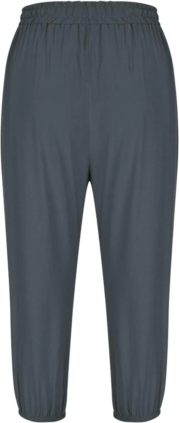 2025 Capri Linen Pants for Women Casual Summer Drawstring Elastic High Botton Pant Straight Leg Cropped Trouser