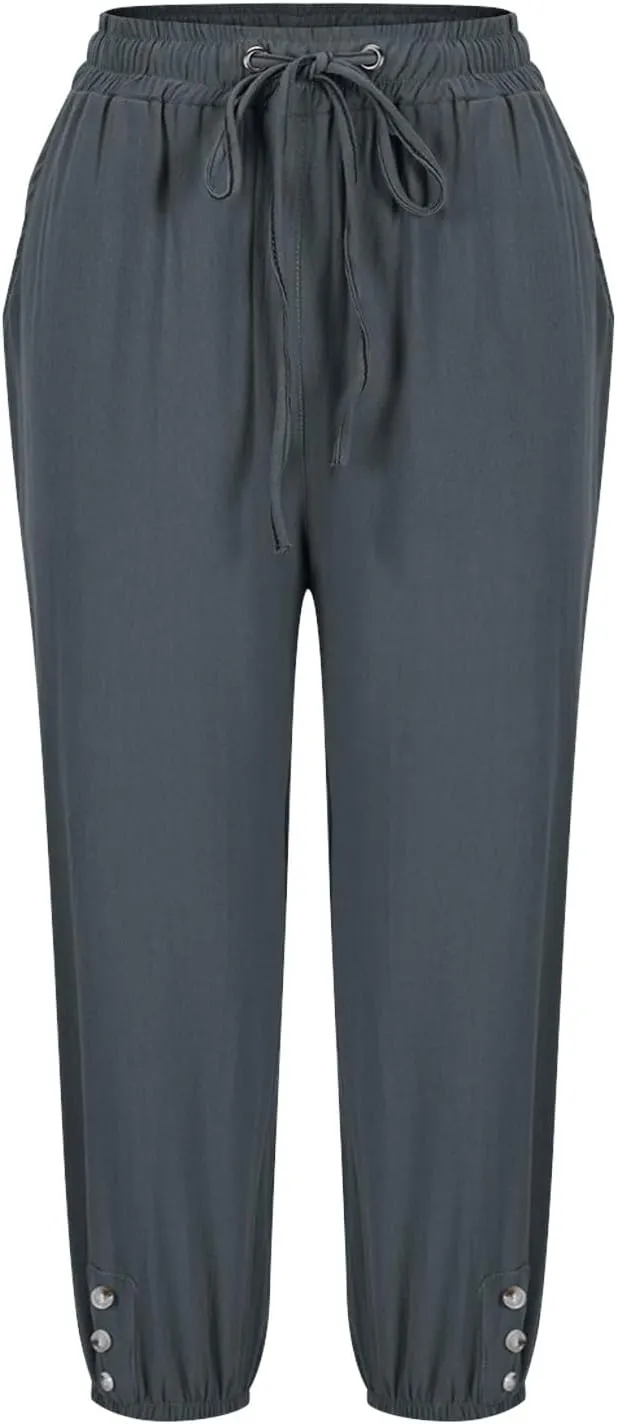 2025 Capri Linen Pants for Women Casual Summer Drawstring Elastic High Botton Pant Straight Leg Cropped Trouser