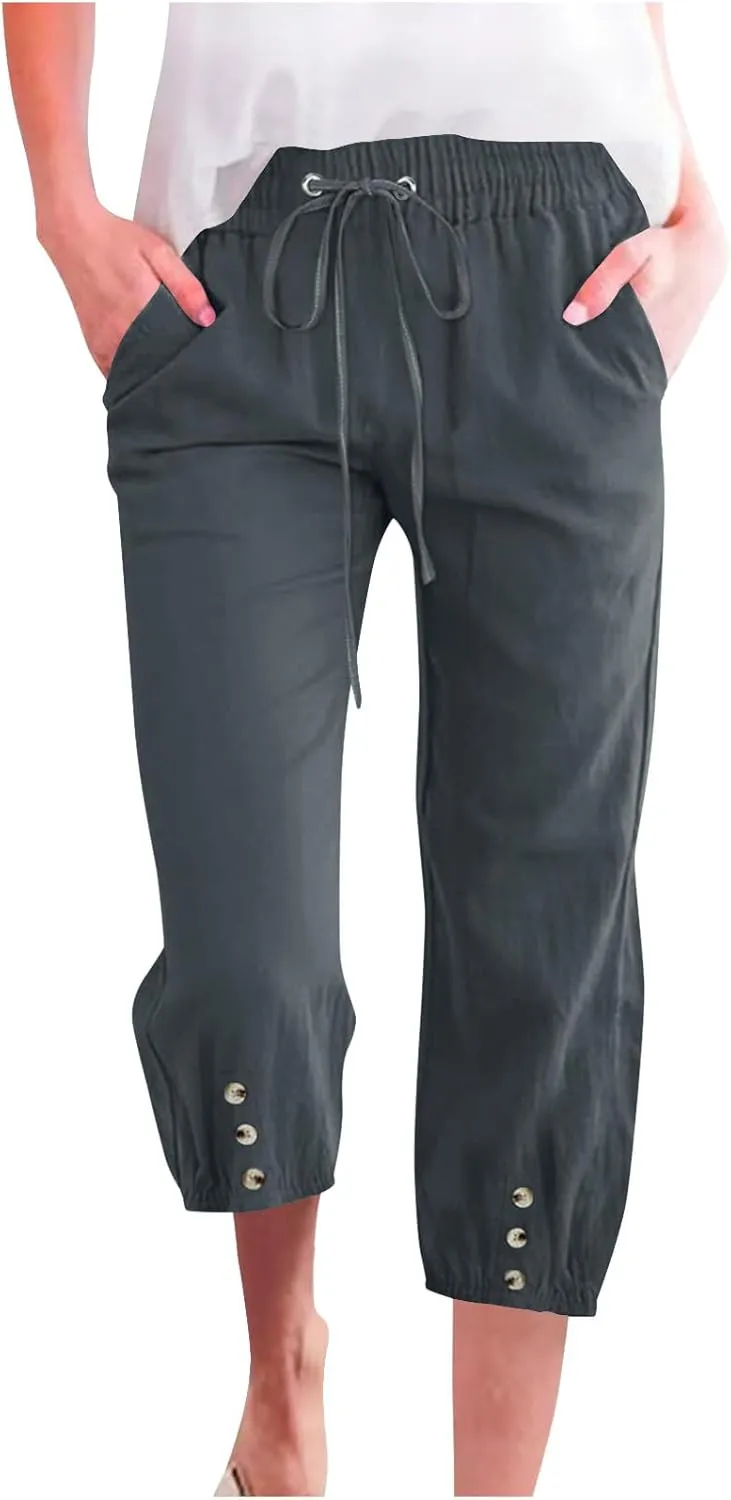2025 Capri Linen Pants for Women Casual Summer Drawstring Elastic High Botton Pant Straight Leg Cropped Trouser