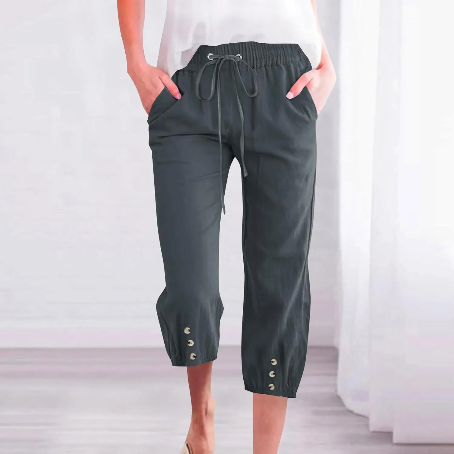 2025 Capri Linen Pants for Women Casual Summer Drawstring Elastic High Botton Pant Straight Leg Cropped Trouser