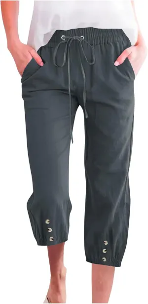 2025 Capri Linen Pants for Women Casual Summer Drawstring Elastic High Botton Pant Straight Leg Cropped Trouser