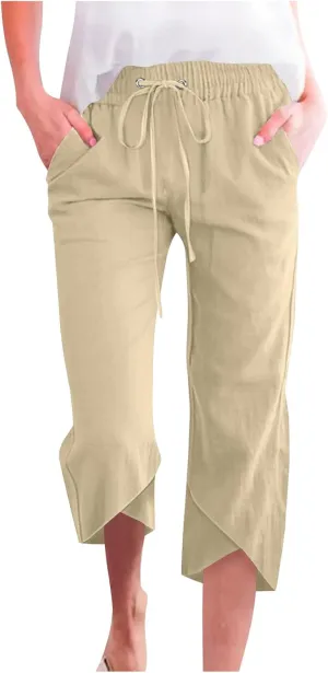 2025 Capri Pants for Women Casual Summer Drawstring Elastic High Waist Linen Pant Straight Leg Cropped Harem Trouser