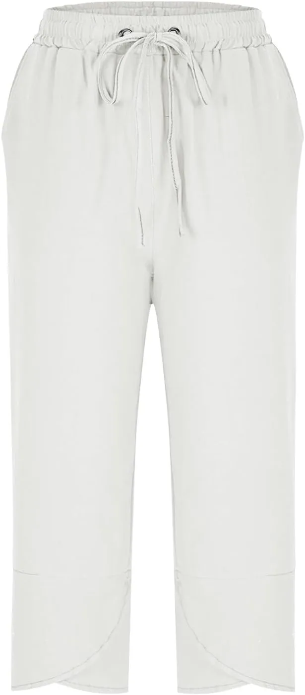 2025 Capri Pants for Women Casual Summer Drawstring Elastic High Waist Linen Pant Straight Leg Cropped Harem Trouser