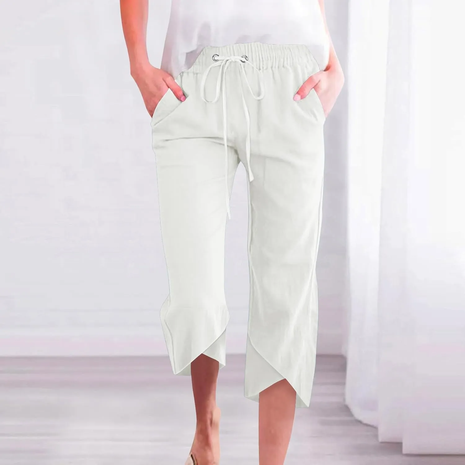 2025 Capri Pants for Women Casual Summer Drawstring Elastic High Waist Linen Pant Straight Leg Cropped Harem Trouser