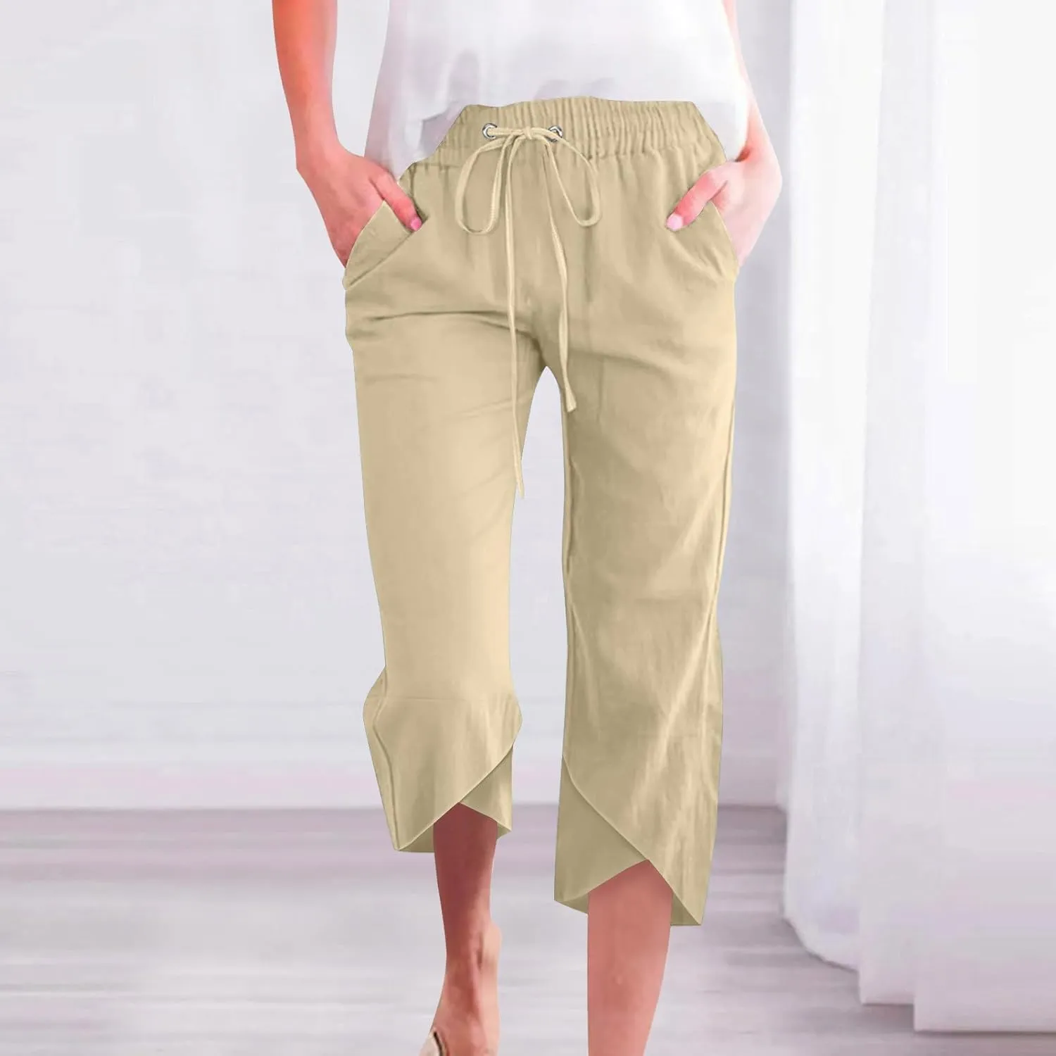 2025 Capri Pants for Women Casual Summer Drawstring Elastic High Waist Linen Pant Straight Leg Cropped Harem Trouser