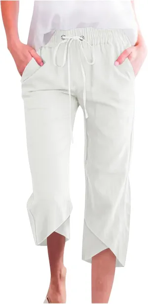 2025 Capri Pants for Women Casual Summer Drawstring Elastic High Waist Linen Pant Straight Leg Cropped Harem Trouser