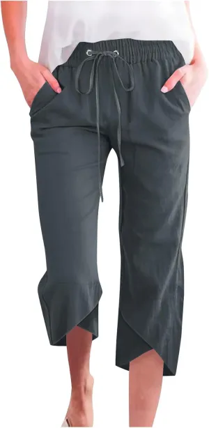 2025 Capri Pants for Women Casual Summer Drawstring Elastic High Waist Linen Pant Straight Leg Cropped Harem Trouser