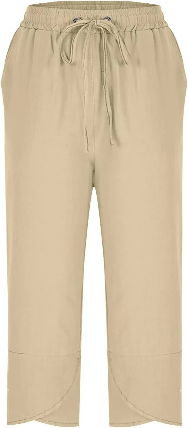 2025 Capri Pants for Women Casual Summer Drawstring Elastic High Waist Linen Pant Straight Leg Cropped Harem Trouser