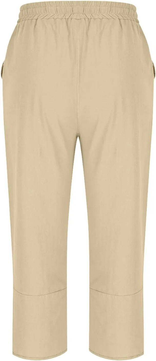 2025 Capri Pants for Women Casual Summer Drawstring Elastic High Waist Linen Pant Straight Leg Cropped Harem Trouser