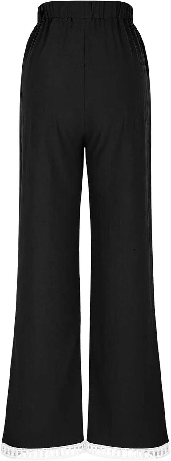 2025 Womens Capri Lace Linen Pants, Casual Summer Drawstring Elastic High Waist Pant Straight Cropped Trouser
