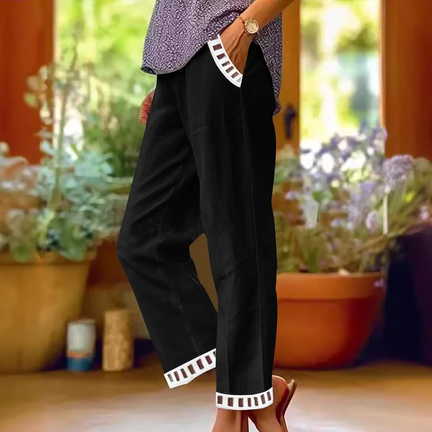 2025 Womens Capri Lace Linen Pants, Casual Summer Drawstring Elastic High Waist Pant Straight Cropped Trouser