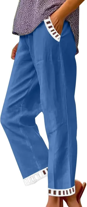 2025 Womens Capri Lace Linen Pants, Casual Summer Drawstring Elastic High Waist Pant Straight Cropped Trouser