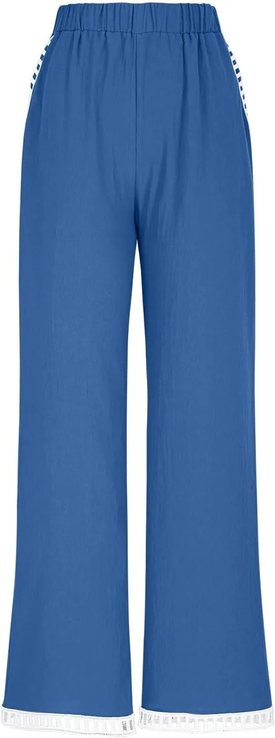 2025 Womens Capri Lace Linen Pants, Casual Summer Drawstring Elastic High Waist Pant Straight Cropped Trouser
