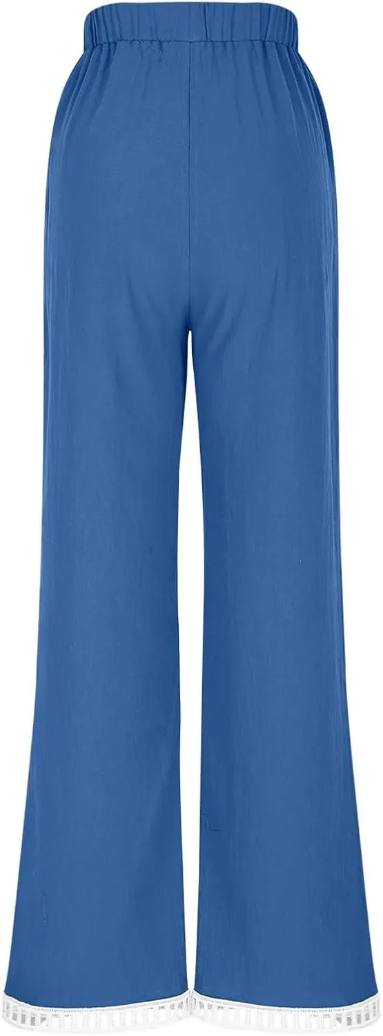 2025 Womens Capri Lace Linen Pants, Casual Summer Drawstring Elastic High Waist Pant Straight Cropped Trouser