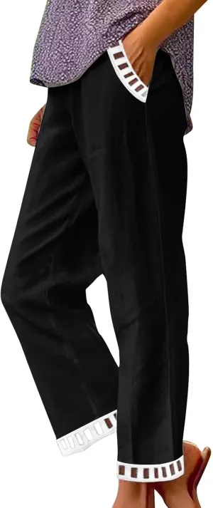 2025 Womens Capri Lace Linen Pants, Casual Summer Drawstring Elastic High Waist Pant Straight Cropped Trouser