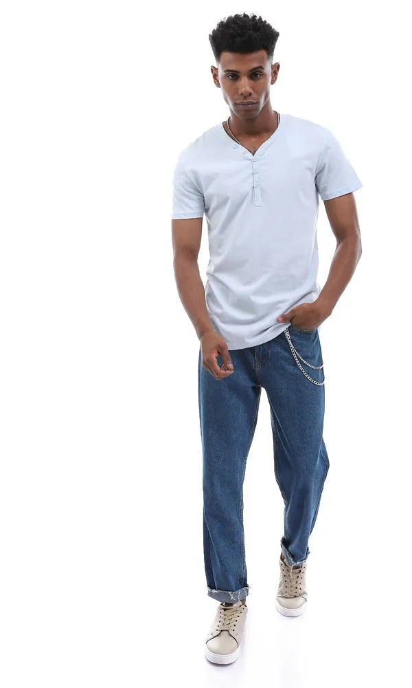 94601 Simple Soild Buttoned V-Neck Sky Blue T-Shirt