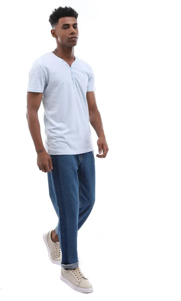 94601 Simple Soild Buttoned V-Neck Sky Blue T-Shirt