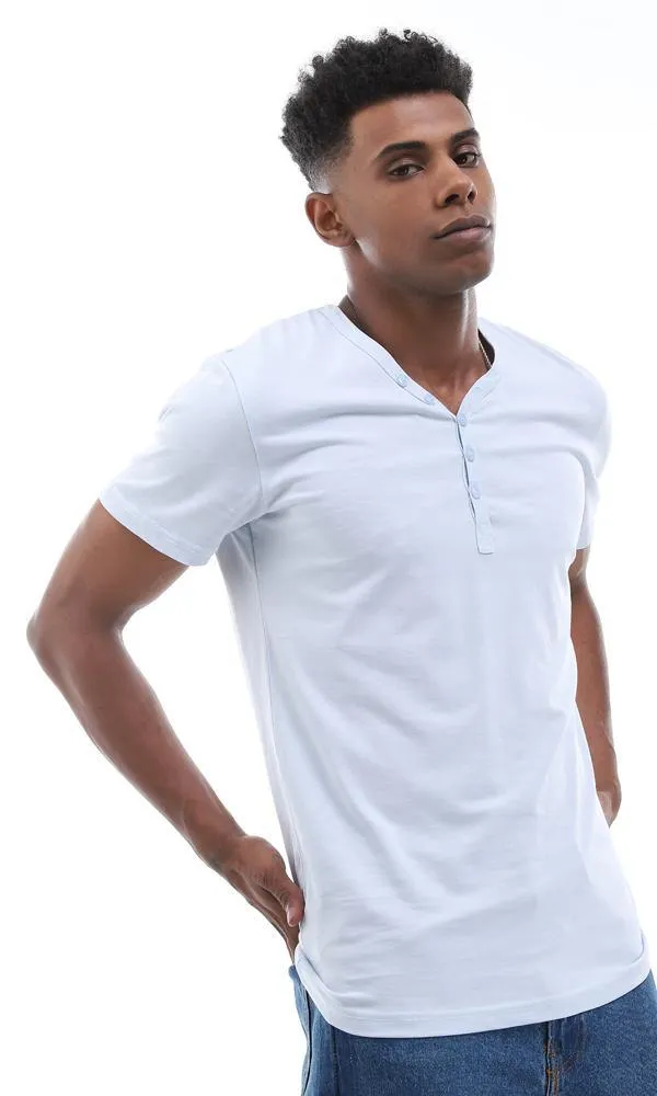94601 Simple Soild Buttoned V-Neck Sky Blue T-Shirt