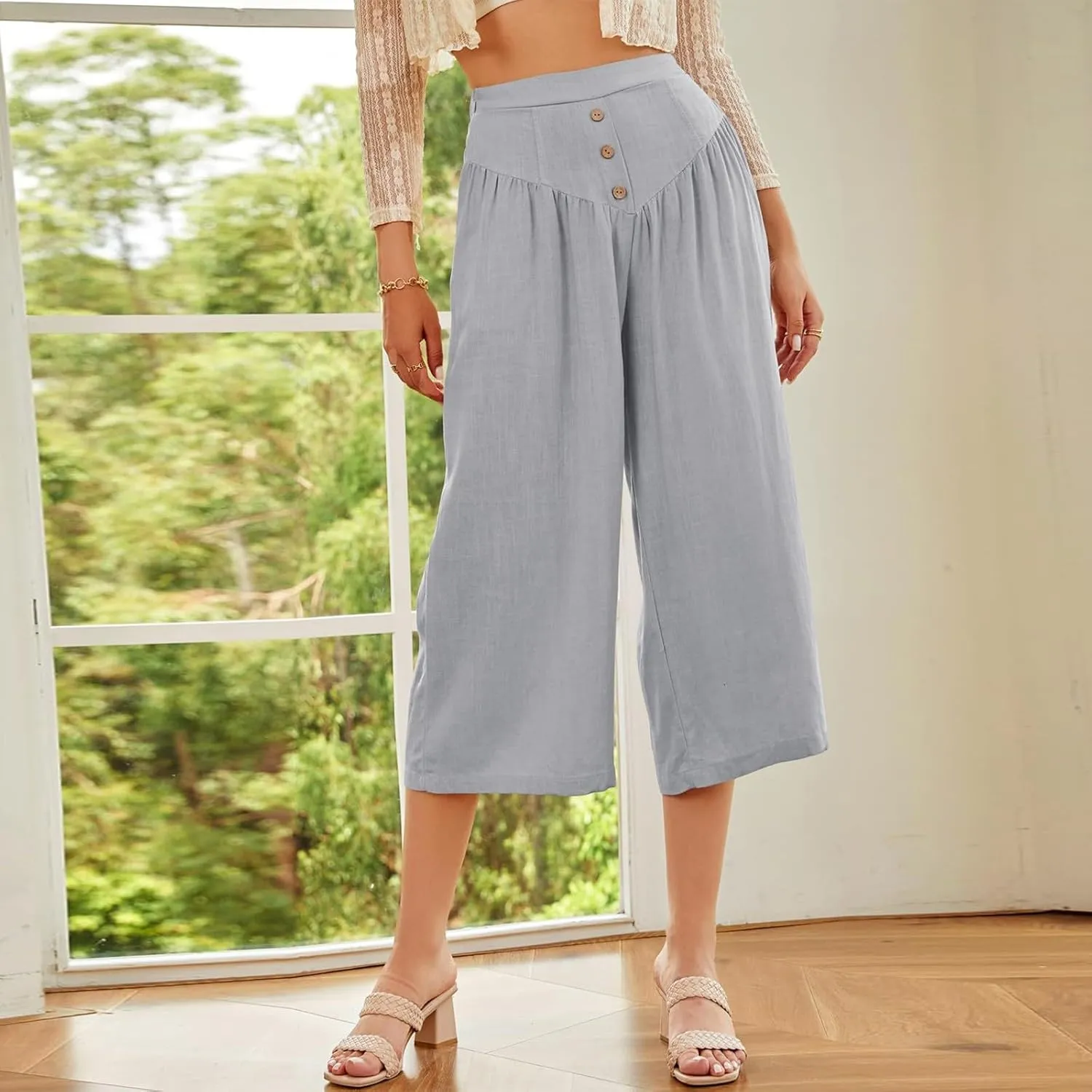 ADHOWBEW Wide Leg Linen Pants for Women Summer 2025 Cover Ups Work Slacks Flowy Palazzo Plus Size Dressy Lounge Trousers