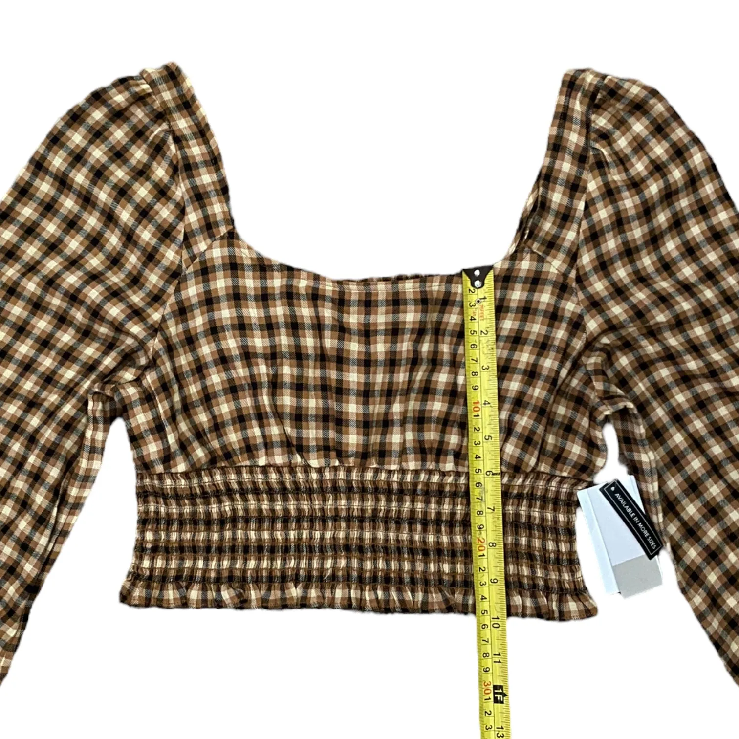 BP Tan Black Jorja Text Plaid Smocked Crop Top $39 Size Small