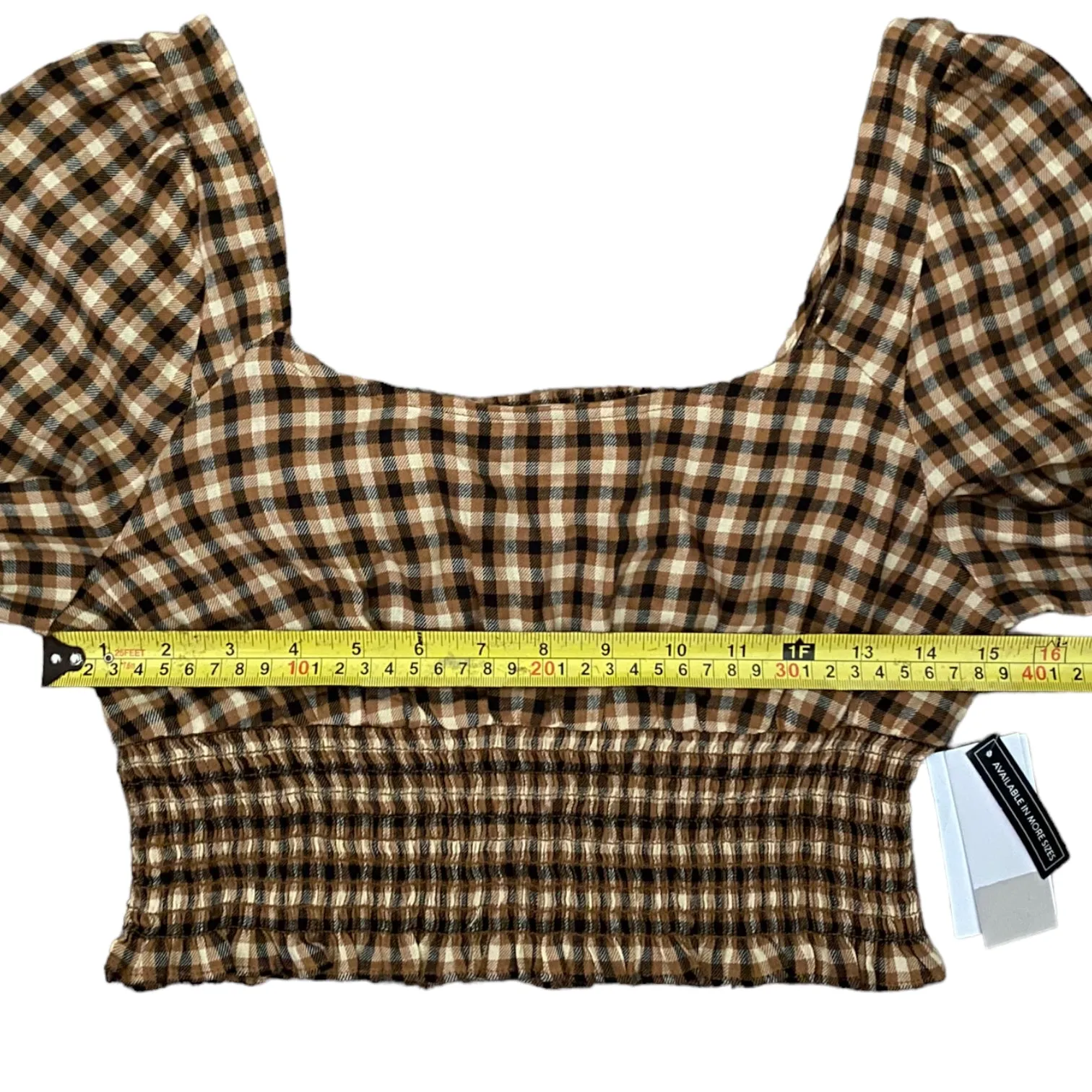 BP Tan Black Jorja Text Plaid Smocked Crop Top $39 Size Small