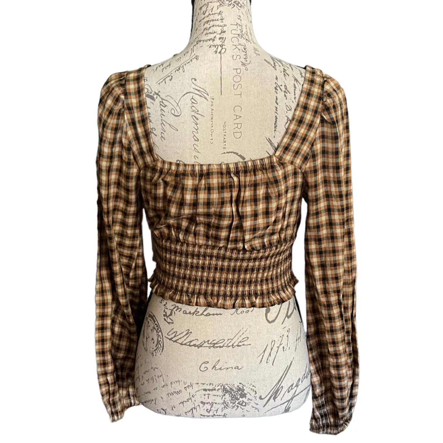 BP Tan Black Jorja Text Plaid Smocked Crop Top $39 Size Small