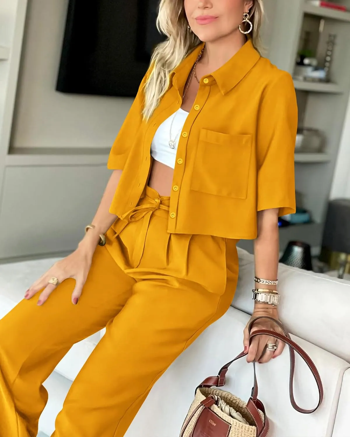 BTFBM Women's 2025 Summer 2 Piece Outfits Tracksuit Short Sleeve Cropped Button Down Shirt Long Pant Lounge Matching Set