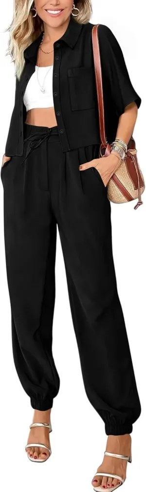BTFBM Women's 2025 Summer 2 Piece Outfits Tracksuit Short Sleeve Cropped Button Down Shirt Long Pant Lounge Matching Set