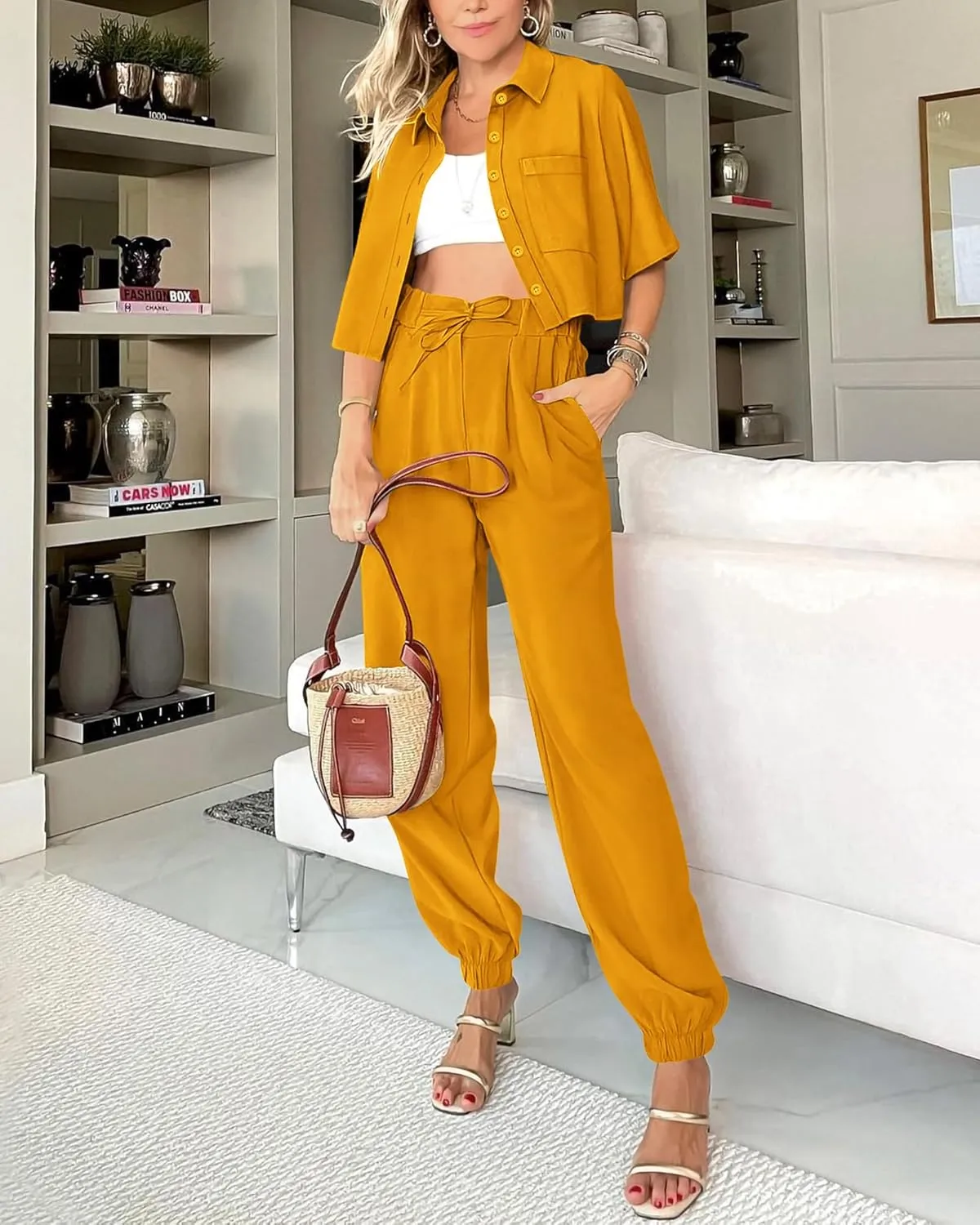 BTFBM Women's 2025 Summer 2 Piece Outfits Tracksuit Short Sleeve Cropped Button Down Shirt Long Pant Lounge Matching Set