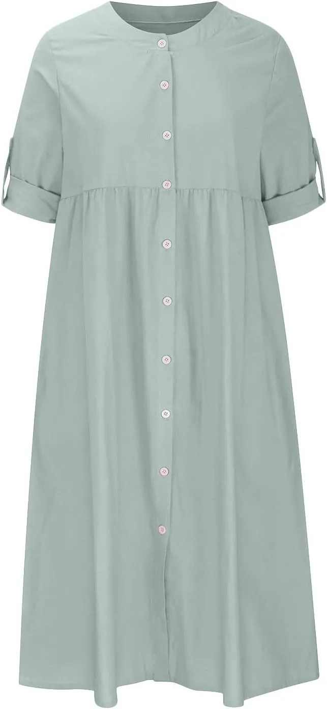Button Down Dress for Women Casual V Neck Long Sleeve Fashion Pullover Loose Plus Size 2024 Trendy Long Dress