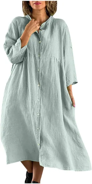Button Down Dress for Women Casual V Neck Long Sleeve Fashion Pullover Loose Plus Size 2024 Trendy Long Dress