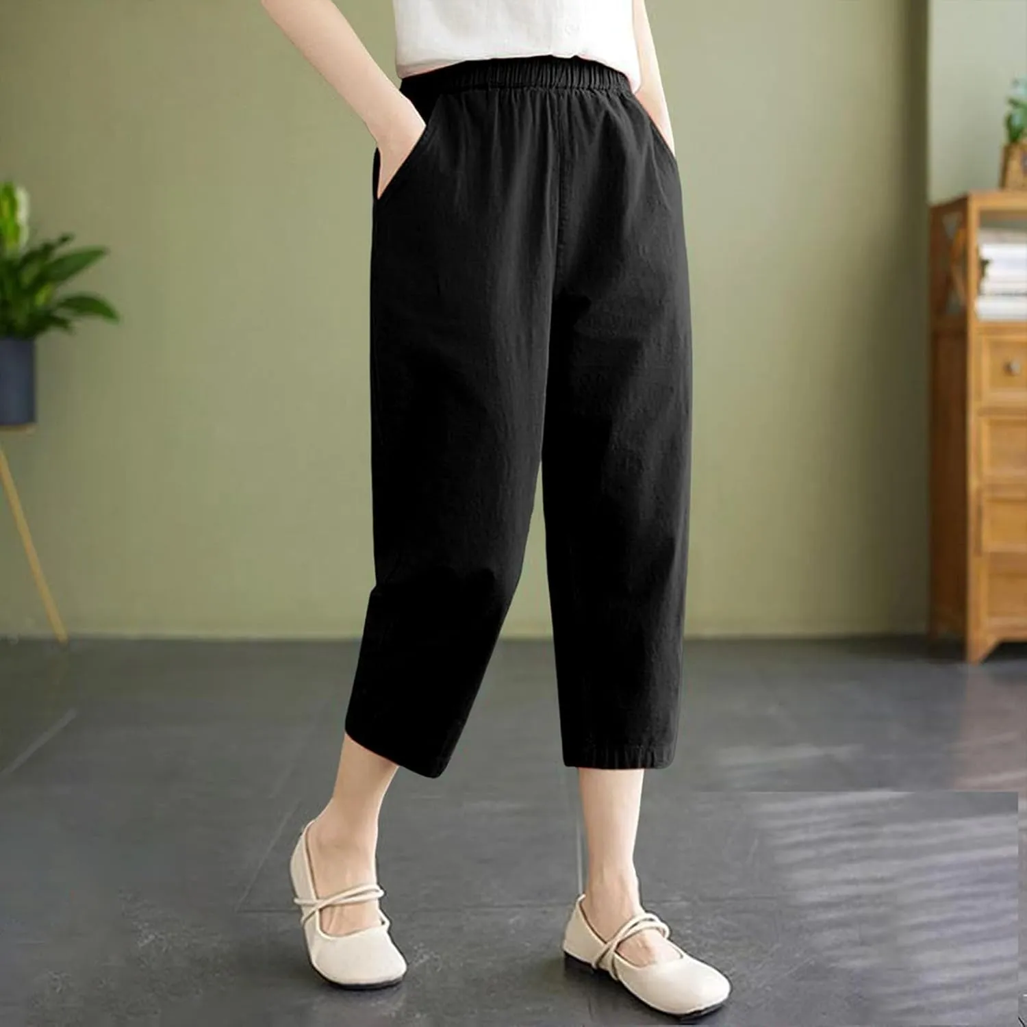 Casual Pants for Women 2025 Summer Linen Elastic Waist Capri Trousers Lightweight Breathable Hiking Pants with Pocket