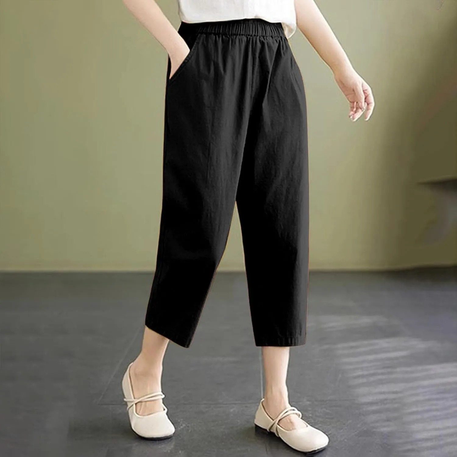 Casual Pants for Women 2025 Summer Linen Elastic Waist Capri Trousers Lightweight Breathable Hiking Pants with Pocket