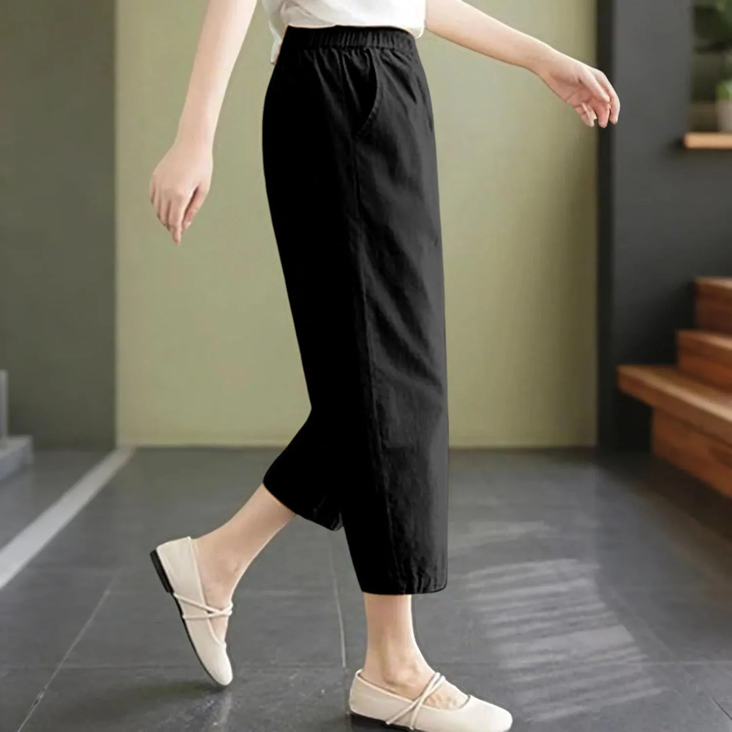 Casual Pants for Women 2025 Summer Linen Elastic Waist Capri Trousers Lightweight Breathable Hiking Pants with Pocket