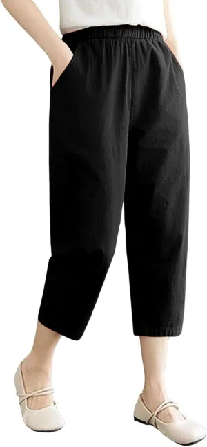 Casual Pants for Women 2025 Summer Linen Elastic Waist Capri Trousers Lightweight Breathable Hiking Pants with Pocket
