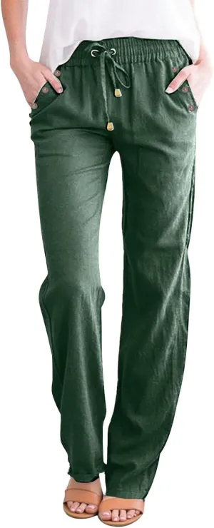 Cotton Linen Pants for Women Printed Capri Pant Plus Size Wide Leg Sweatpants Summer Cropped Elastic Waist Trousers