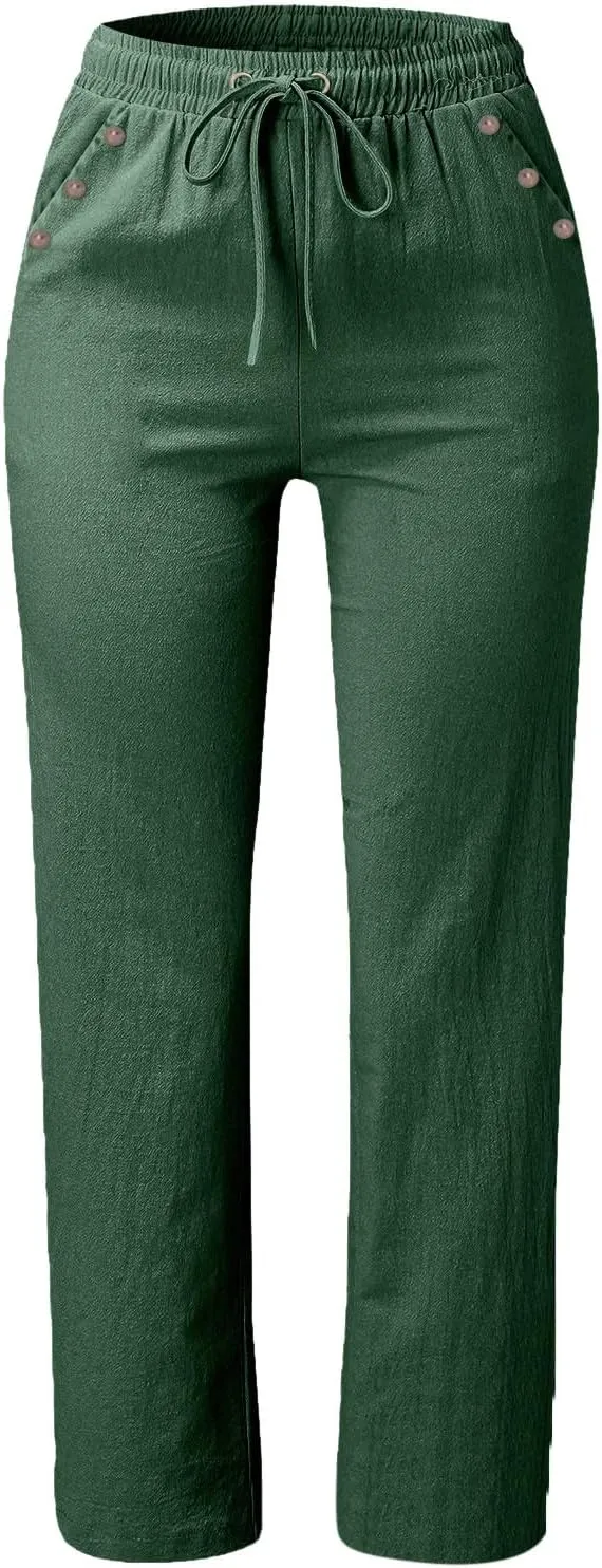 Cotton Linen Pants for Women Printed Capri Pant Plus Size Wide Leg Sweatpants Summer Cropped Elastic Waist Trousers
