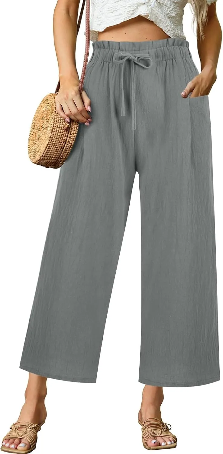 Cotton Linen Pants for Women Wide Leg Cropped Lounge Trousers Drawstring Elastic Waist Summer Beach Pant Outfits