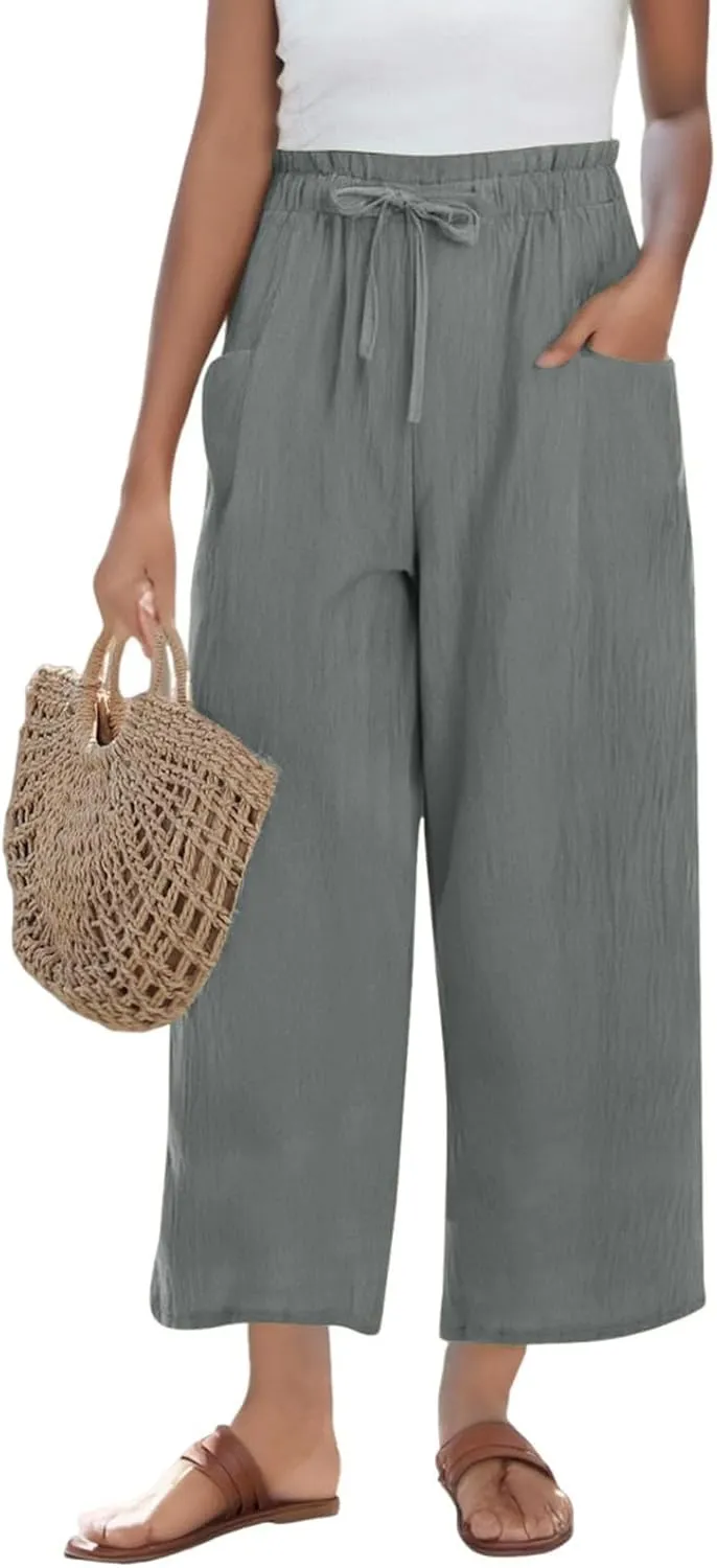 Cotton Linen Pants for Women Wide Leg Cropped Lounge Trousers Drawstring Elastic Waist Summer Beach Pant Outfits