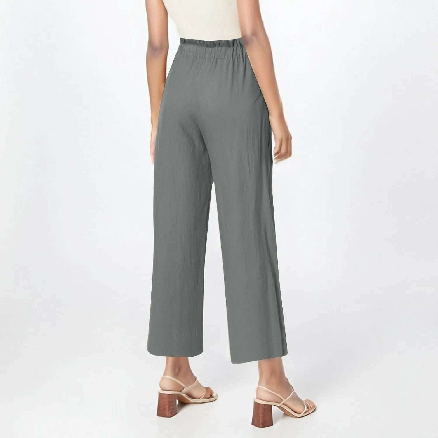 Cotton Linen Pants for Women Wide Leg Cropped Lounge Trousers Drawstring Elastic Waist Summer Beach Pant Outfits