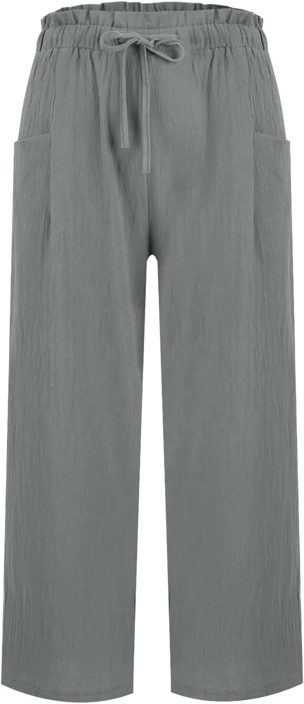 Cotton Linen Pants for Women Wide Leg Cropped Lounge Trousers Drawstring Elastic Waist Summer Beach Pant Outfits