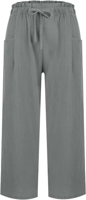 Cotton Linen Pants for Women Wide Leg Cropped Lounge Trousers Drawstring Elastic Waist Summer Beach Pant Outfits