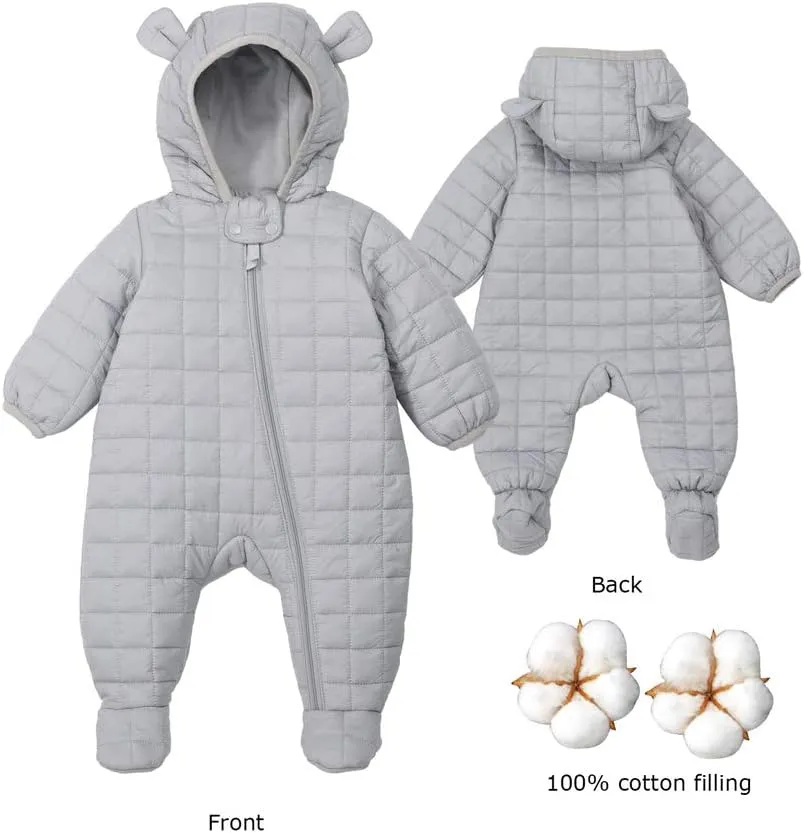 DDY Baby Girl Boy Snowsuit 0-3 Months Down Jacket Hooded Romper Jumpsuit Infant Onesie Winter Outwear Grey