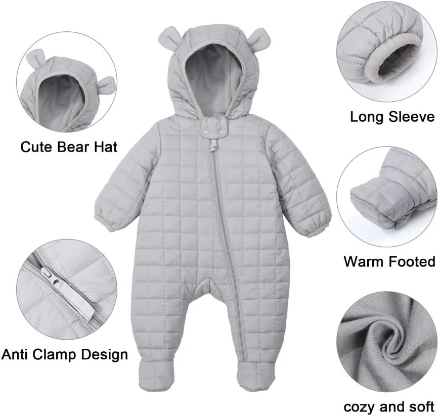 DDY Baby Girl Boy Snowsuit 0-3 Months Down Jacket Hooded Romper Jumpsuit Infant Onesie Winter Outwear Grey
