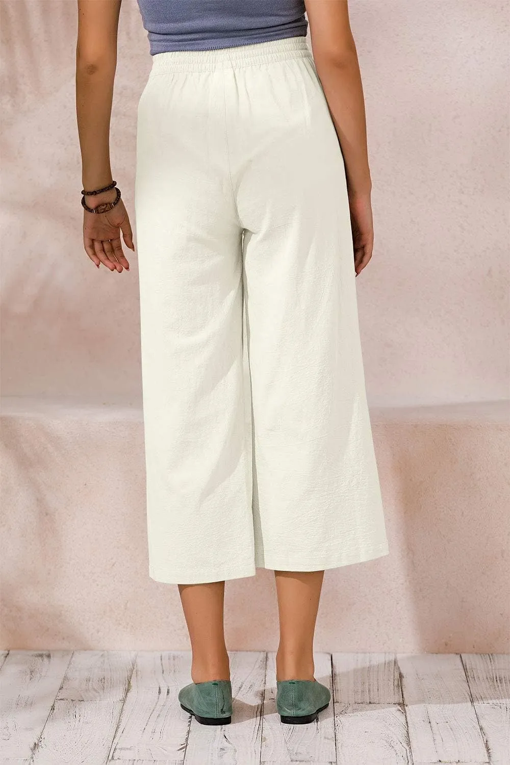 ECUPPER Womens Cotton Cropped Pants Loose Fit Wide Leg Capri Casual Plus Size Elastic Waist Trousers