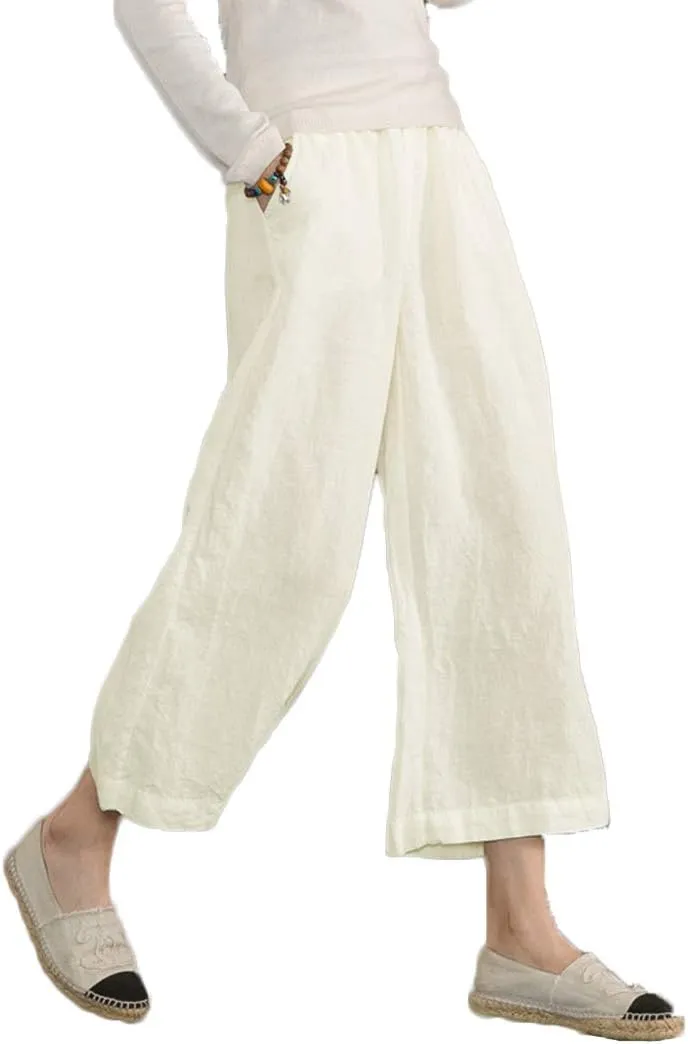 ECUPPER Womens Cotton Cropped Pants Loose Fit Wide Leg Capri Casual Plus Size Elastic Waist Trousers
