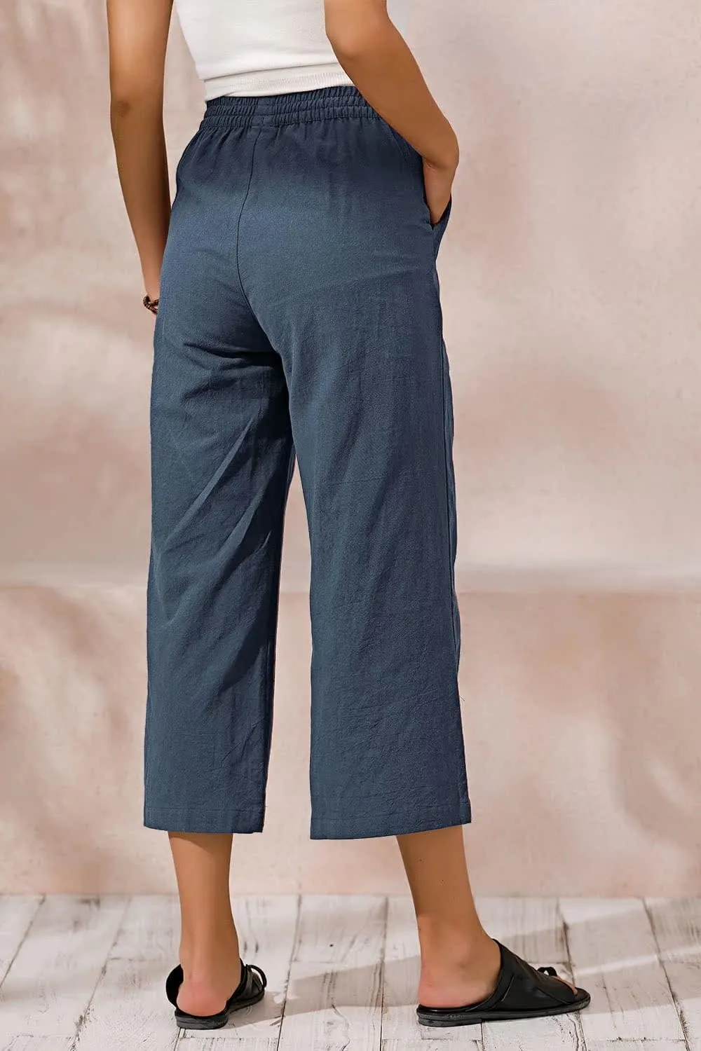 ECUPPER Womens Cotton Cropped Pants Loose Fit Wide Leg Capri Casual Plus Size Elastic Waist Trousers