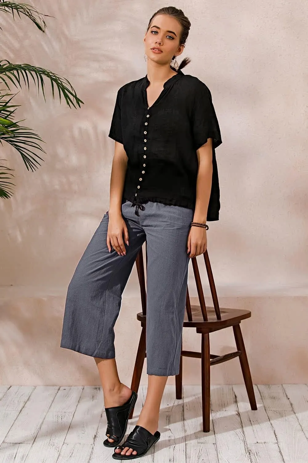 ECUPPER Womens Cotton Cropped Pants Loose Fit Wide Leg Capri Casual Plus Size Elastic Waist Trousers