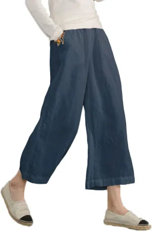 ECUPPER Womens Cotton Cropped Pants Loose Fit Wide Leg Capri Casual Plus Size Elastic Waist Trousers