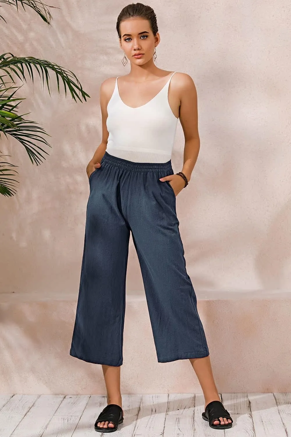 ECUPPER Womens Cotton Cropped Pants Loose Fit Wide Leg Capri Casual Plus Size Elastic Waist Trousers